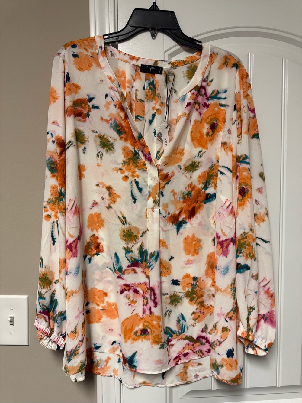 Tahari Cream Blouse with Orange & Teal Floral Print